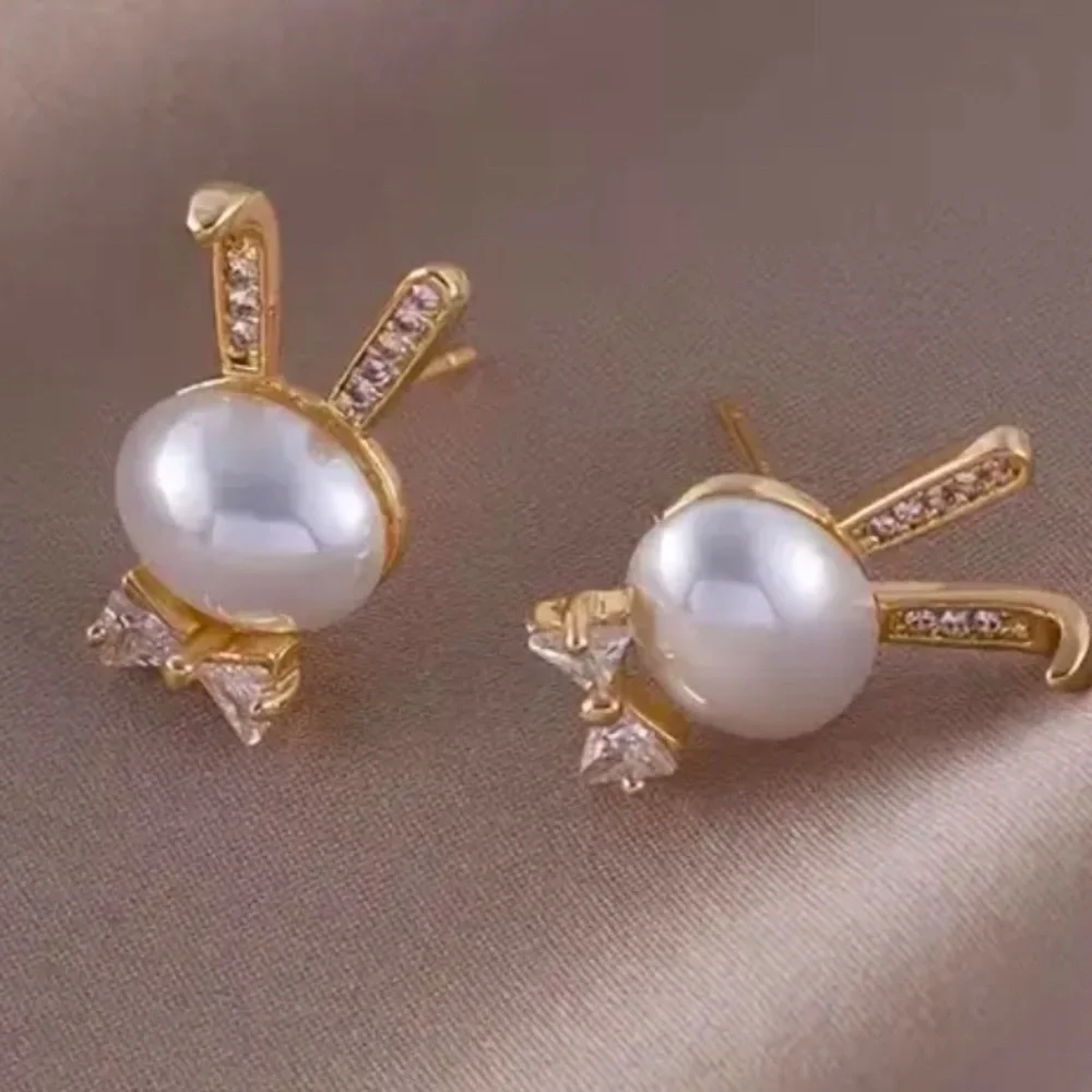 Bunny Rhinestone | Pearl Bougie Ears & Bow Tie Stud Gold Tone Earrings LAST PAIR - Picture 4 of 10